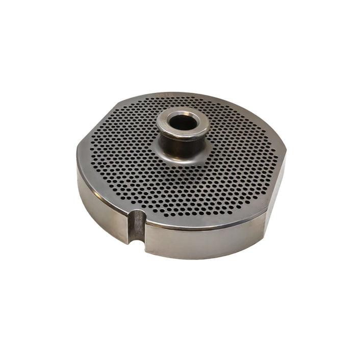 #56 Stainless Steel Machine Plate with Hub, Single Notch, and Flat Sides - 6" Diameter, 1/8" Hole Size - 11183