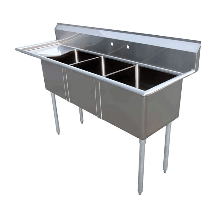 Nella 75" Three Compartment Sink with Corner Drain and Left Drain Board - 18” x 18” x 11” Bowl - 22115