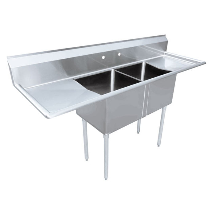 Nella 96" 2 Compartment Sink with Corner Drain and 2 Drain Boards - 24" x 24" x 14" Bowl - 25258