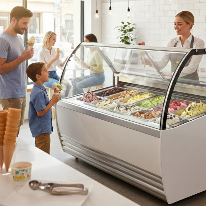 Nella 69.5" 13-Pan Gelato Display Showcase with Curved Sneeze Guard - 47572