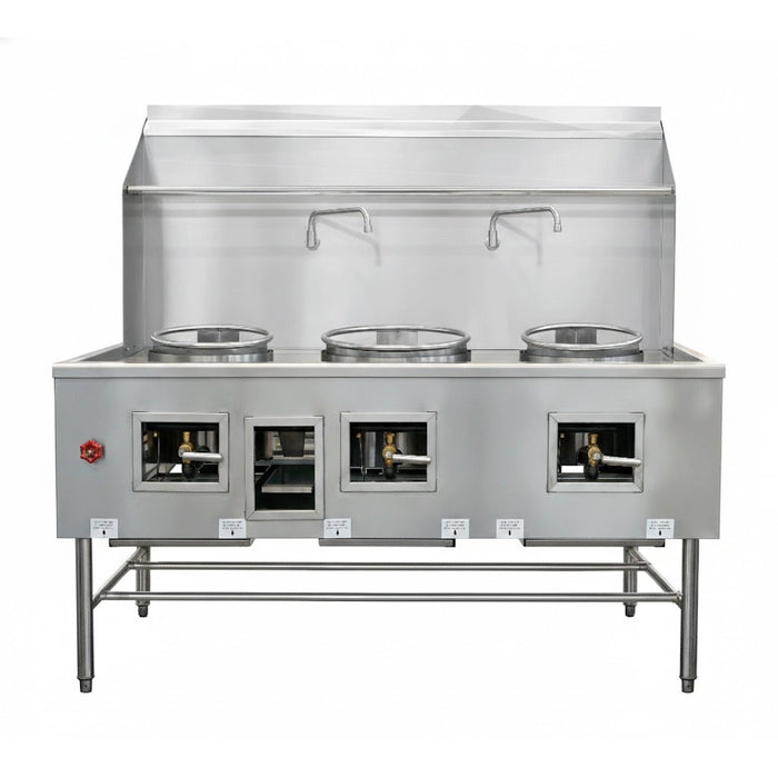 Nella 67" Natural Gas 3-Chamber Wok Range with Two 13" Rings, One 16" Ring, Backsplash, and 2 Faucets - 315,000 BTU - 48409
