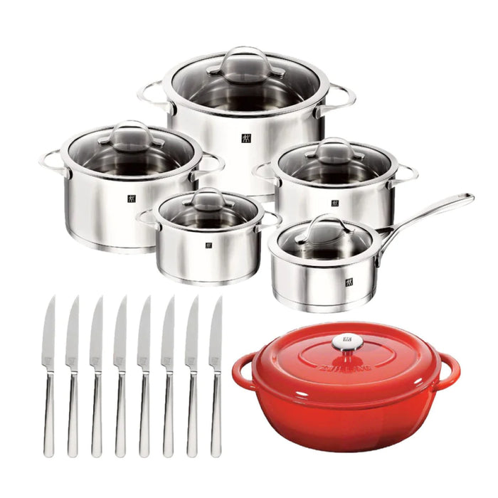 Zwilling Essence 10-piece Stainless Steel Cookware Set with Bonus 4.75 qt. Oval French Oven & 8-piece Steak Knife Set - 66220-010