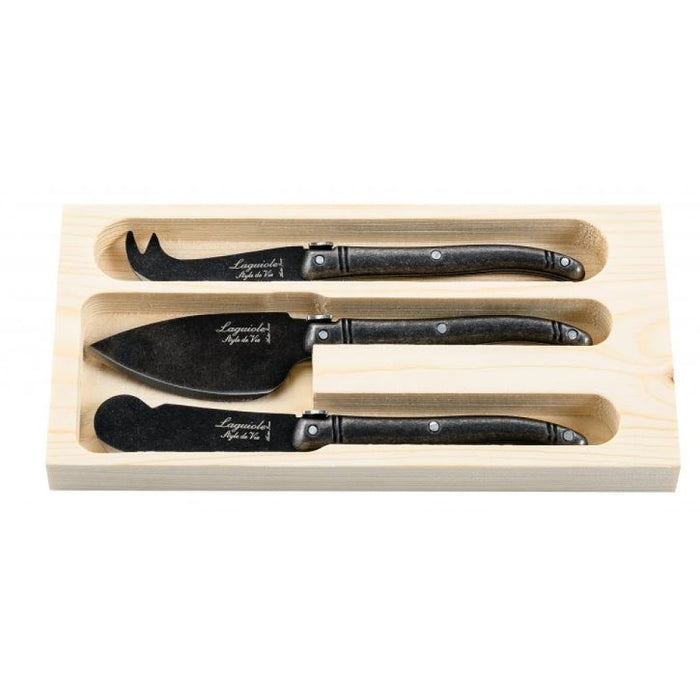 Laguiole By Andre Verdier  3-Piece Laguiole Premium Collection Black Stonewash Cheese Knives