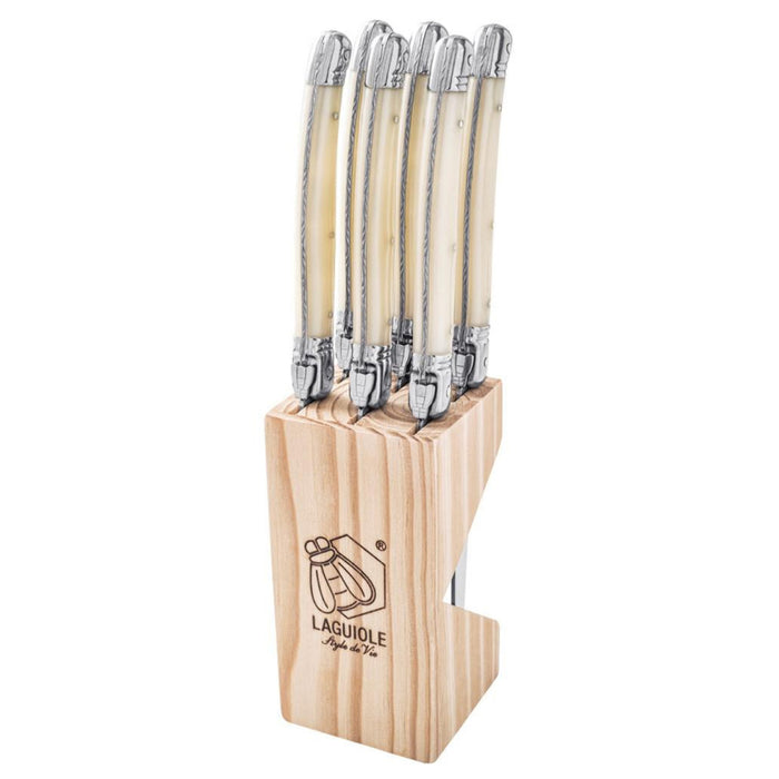 Laguiole By Andre Verdier 4" 6-Piece Pearl Steak Knife Set with Knife Block