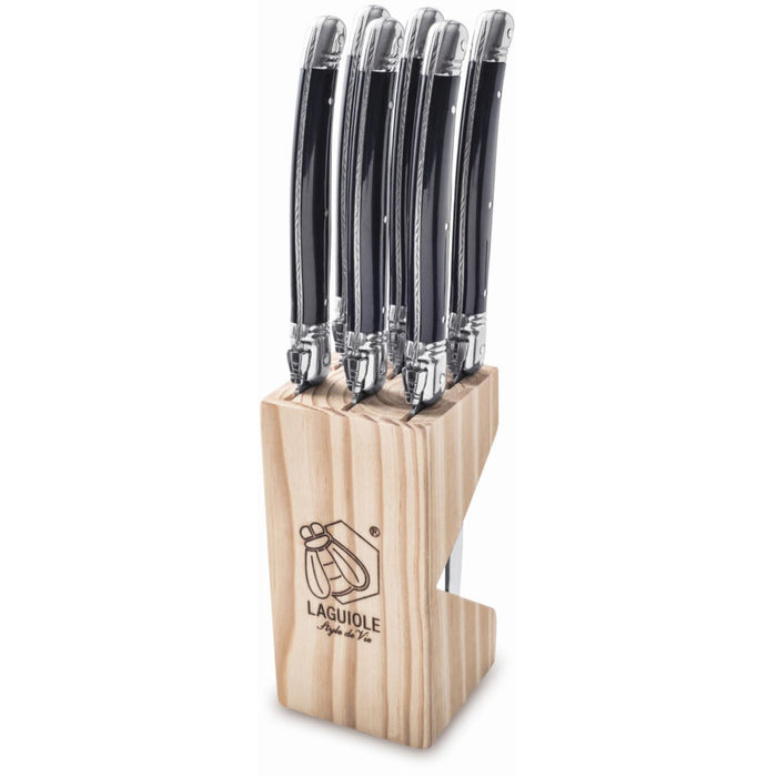 Laguiole By Andre Verdier 4" 6-Piece Black Stonewash Steak Knife Set with Knife Block