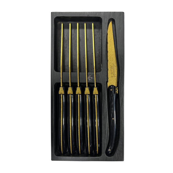 Laguiole By Andre Verdier 4" 6-Piece Steak Gold Stonewash Knife Set in Closed Wood Box