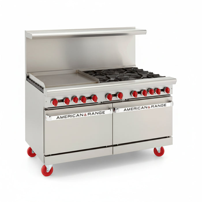 American Range AR-24G-6B 60" Natural Gas 6-Burner Restaurant Range with 2 Standard Ovens & 24" Left Griddle Plate - 302,000 BTU