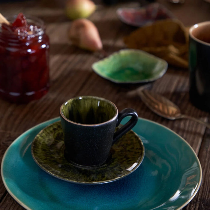 Costa Nova 3 oz. Riviera Forest Green Round Stoneware Coffee Cup and Saucer - 6/Case - ATCS04-FRT