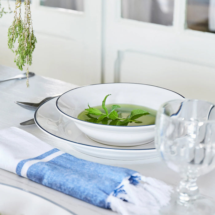 Costa Nova 8.25" Beja White & Blue Round Stoneware Pasta Plate - 6/Case - ATP211-BLU