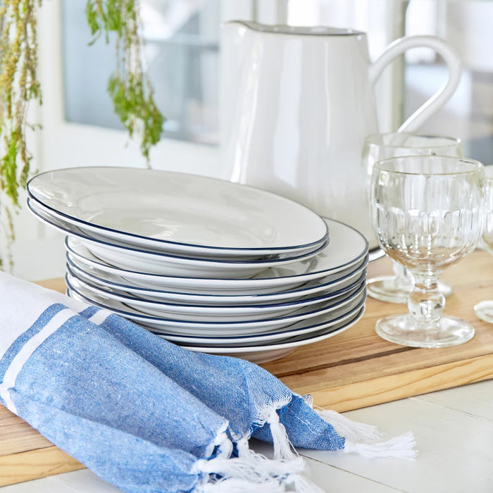 Costa Nova 8.8" Beja White & Blue Round Stoneware Salad/Dessert Plate - 6/Case - ATP231-BLU