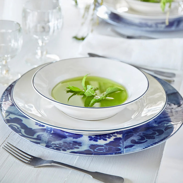 Costa Nova 11" Beja White & Blue Round Stoneware Dinner Plate - 6/Case - ATP281-BLU