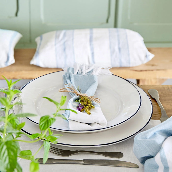 Costa Nova 11" Beja White & Blue Round Stoneware Dinner Plate - 6/Case - ATP281-BLU