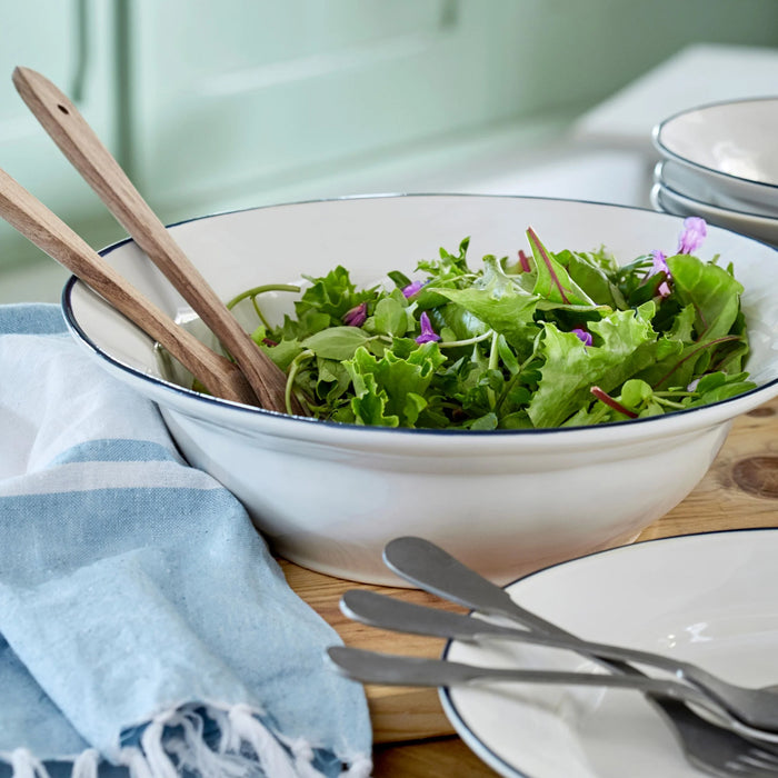 Costa Nova 11.75" Beja White & Blue Round Stoneware Salad Serving Bowl - ATS301-BLU