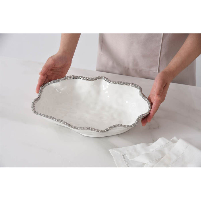 Pampa Bay 12" x 9" Salerno White-Silver Oval Porcelain Serving Bowl - CER1136W