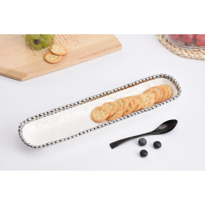 Pampa Bay 14" x 3.5" Salerno White-Silver Rectangular Porcelain Cracker Tray - 6/Case - CER1150W