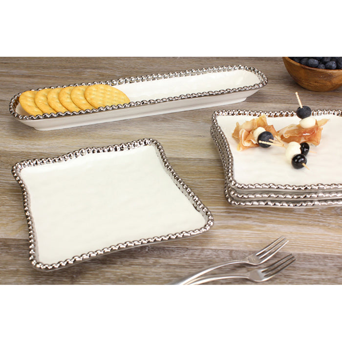 Pampa Bay 14" x 3.5" Salerno White-Silver Rectangular Porcelain Cracker Tray - 6/Case - CER1150W
