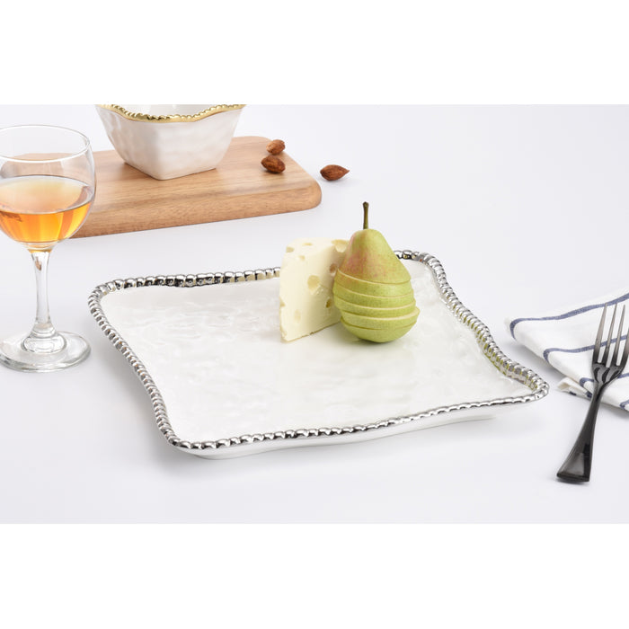 Pampa Bay 11" x 11" Salerno White-Silver Square Porcelain Serving Platter - 2/Case - CER1400W