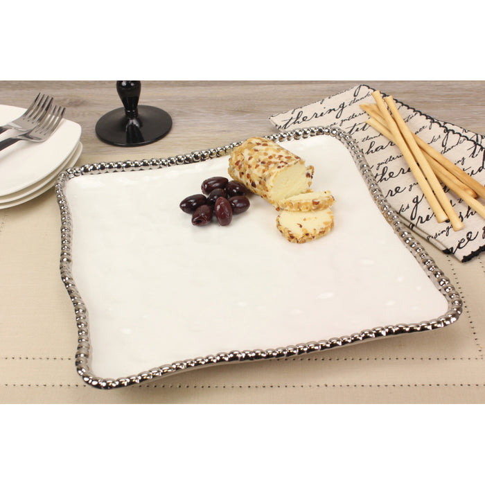 Pampa Bay 11" x 11" Salerno White-Silver Square Porcelain Serving Platter - 2/Case - CER1400W