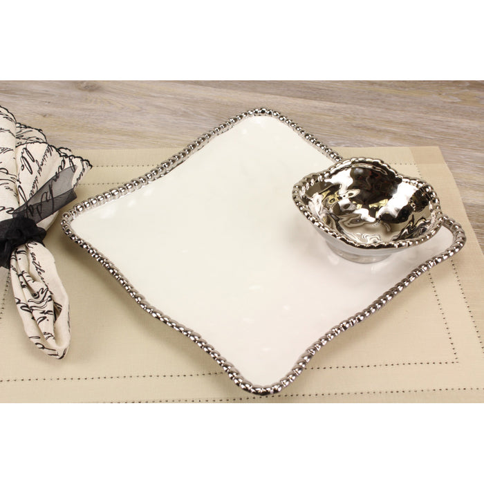 Pampa Bay 11" x 11" Salerno White-Silver Square Porcelain Serving Platter - 2/Case - CER1400W
