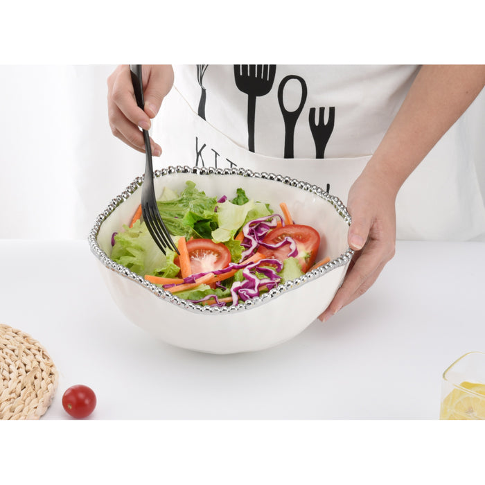 Pampa Bay 10.5" Salerno White-Silver Round Porcelain Large Salad Bowl - 2/Case - CER1721W