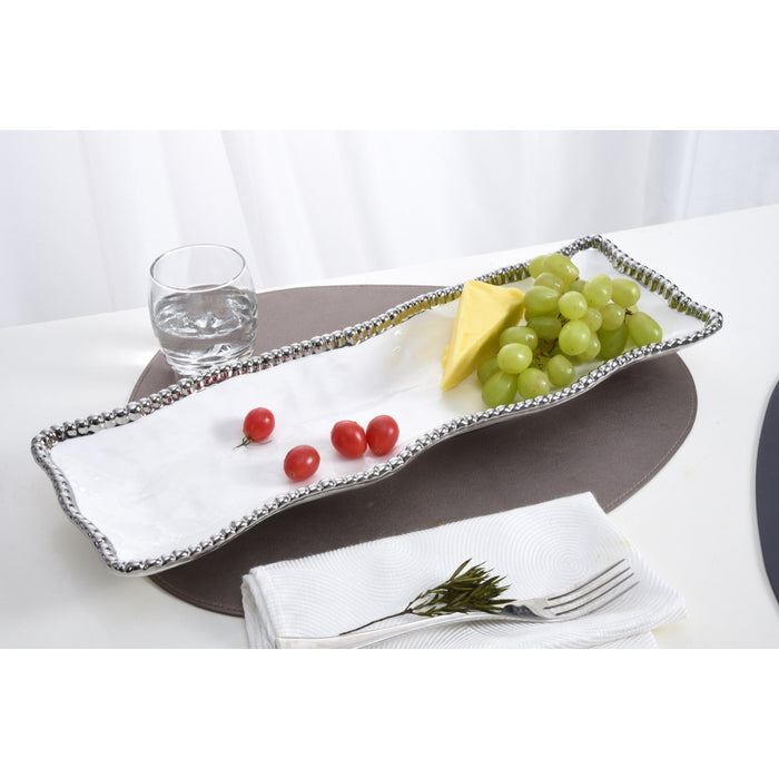 Pampa Bay 19" x 6.5" Salerno White-Silver Rectangular Porcelain Serving Plate - CER2109W