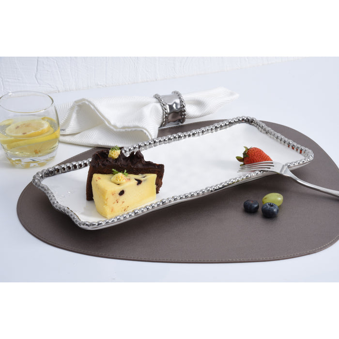 Pampa Bay 13.75" x 6.25" Salerno White-Silver Rectangular Porcelain Medium Serving Tray - 3/Case - CER2432W