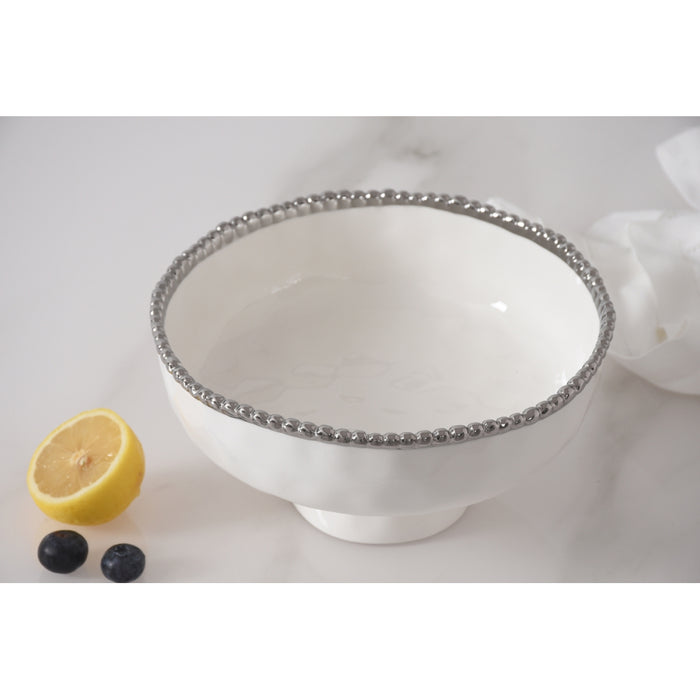 Pampa Bay 8" Salerno White-Silver Round Porcelain Medium Footed Bowl - 2/Case - CER2849W
