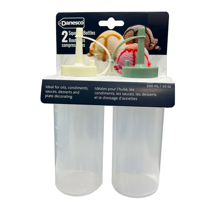 Danesco 1304864AS 10 Oz Clear Squeeze Bottles with Attached Stopper - 2/Pack