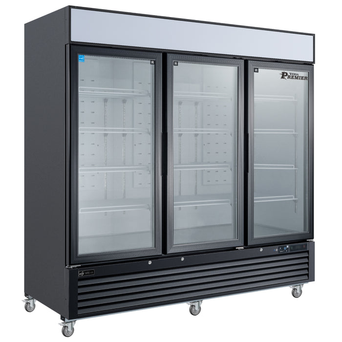EFI Premier C3-82GDVCP 82" Black Glass 3-Door Refrigerated Merchandiser - 68.3 Cu. Ft.