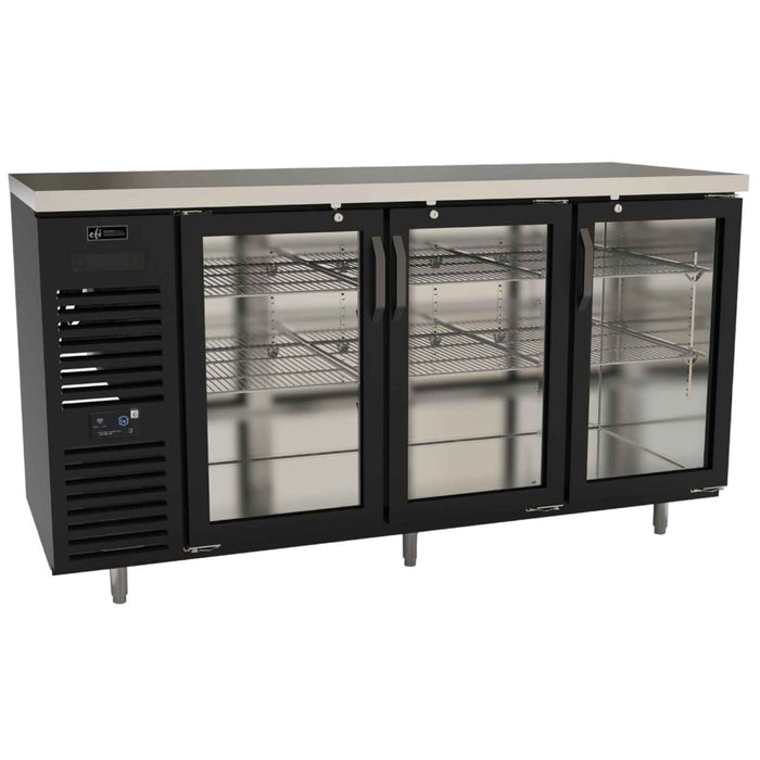 EFI Premier CBBGD3-28-72VCP 72" Glass 3-Door Front Vent Black Back Bar Refrigerator