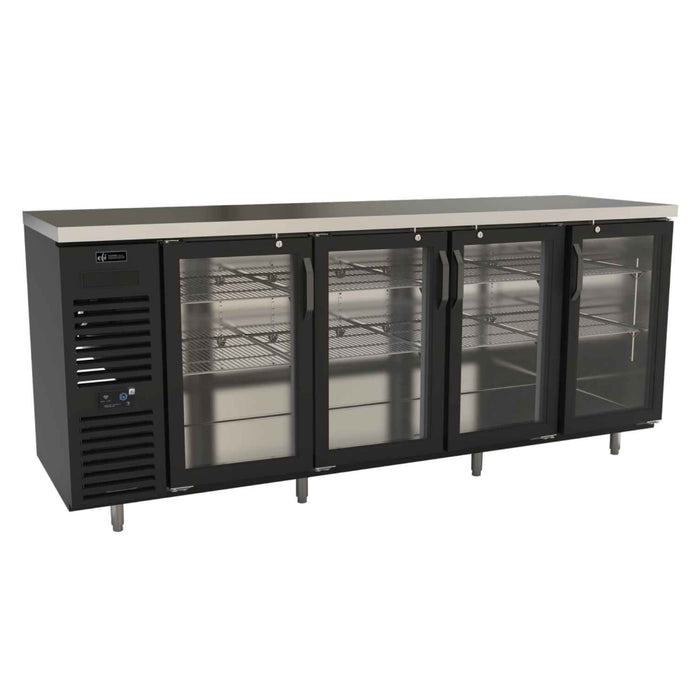 EFI Premier CBBGD4-28-92VCP 92" Glass 4-Door Front Vent Black Back Bar Refrigerator