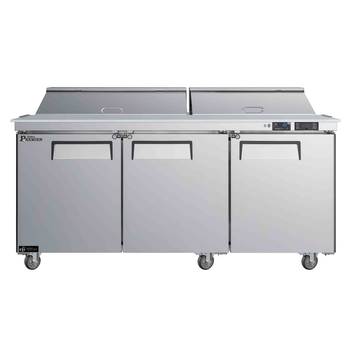 EFI Premier CMDR3-72VCP 72" 3-Door Stainless Steel Mega Top Salad / Sandwich Refrigerated Prep Table, Right Hand - 20.3 Cu. Ft.