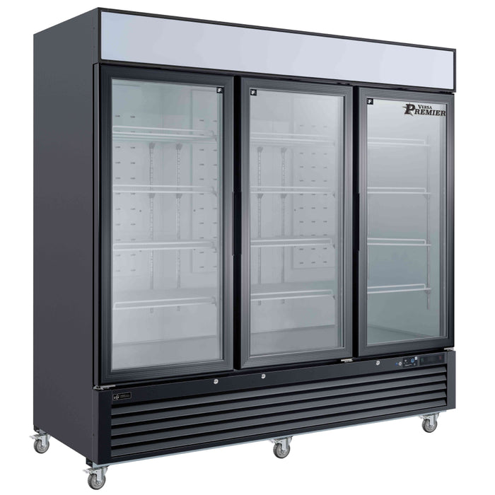 EFI Premier F3-82GDVCP 82" Black Glass 3-Door Merchandiser Freezer - 68.3 Cu. Ft.