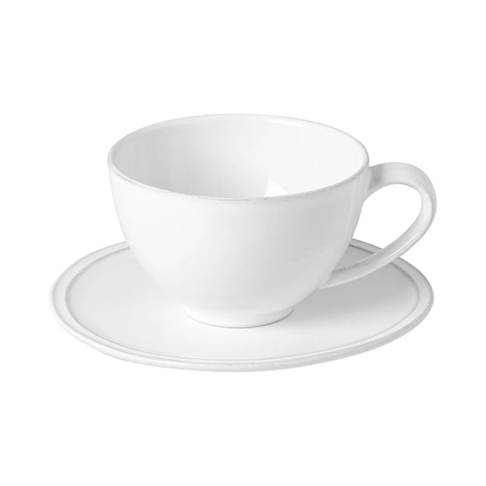 Costa Nova 9 Oz. Friso White Stoneware Tea Cup & Saucer Set - 6/Case - FICS01-WHI