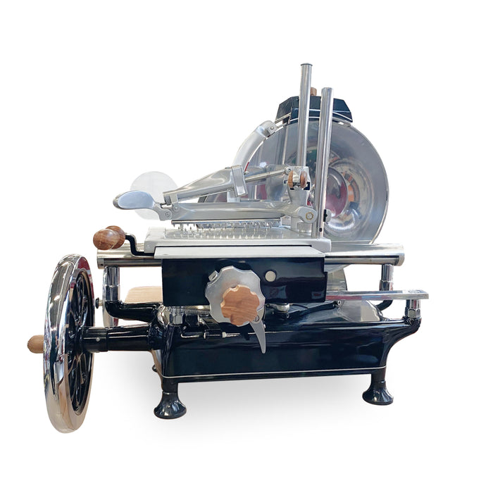 Nella 12" Manual Black Volano Meat Slicer with Flower Flywheel & Olive Wood Trim Kit - 46117 / 46631