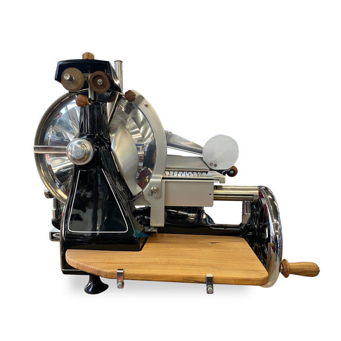 Nella 12" Manual Black Volano Meat Slicer with Flower Flywheel & Olive Wood Trim Kit - 46117 / 46631