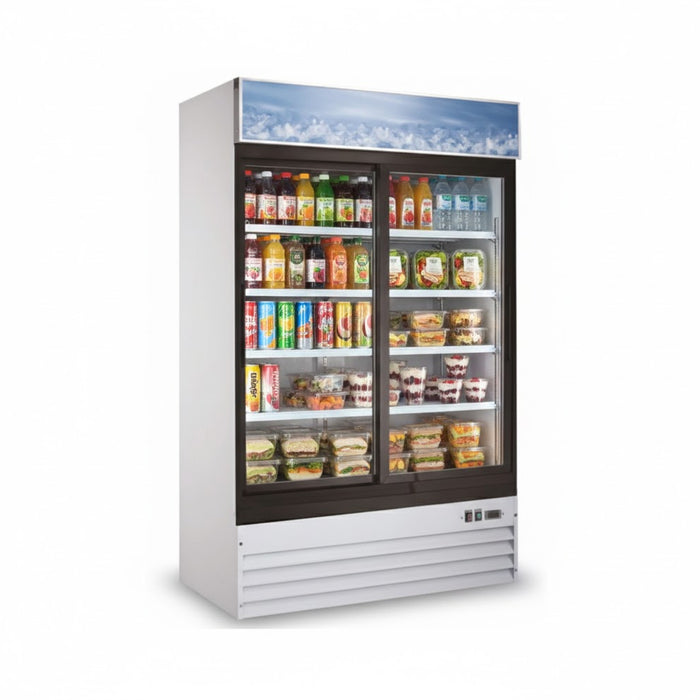 EconoCold 53″ 2-Sliding Glass Door White Merchandiser - 45 Cu. Ft. - G1.2YBM2F-HC-W
