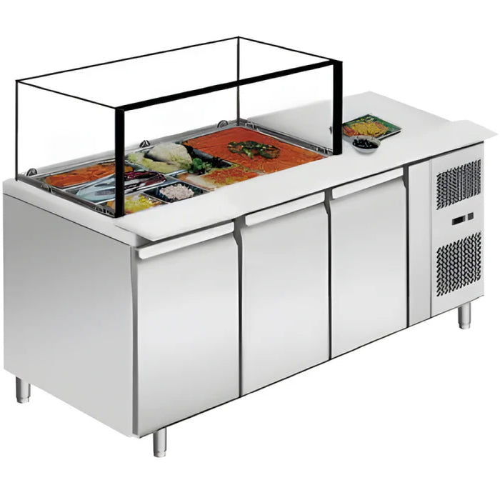 Sinco GN-3100SALSQ 71'' Chef Refrigerated Salad/Sandwich Prep Table with Rectangle Sneeze Guard - 16.5 Cu. Ft.