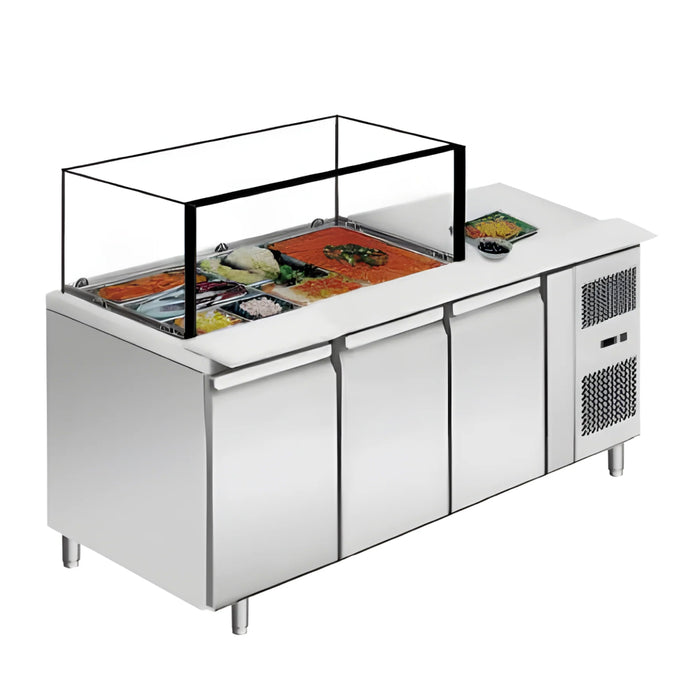 Sinco GN-4100SALSQ 88'' CHEF Salad/Sandwich Prep Table with Square Glass Sneeze Guard - 21.8 Cu. Ft.