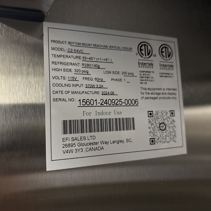 (SCRATCH & DENT) EFI C2-54VC 54" Bottom Mount Solid 2-Door Stainless Steel Reach-In Refrigerator - 44.8 Cu. Ft.