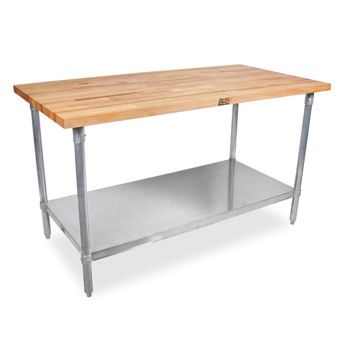 John Boos JNS05 84" x 24" Hard Rock Maple Work Table With Galvanized Legs and Adjustable Undershelf