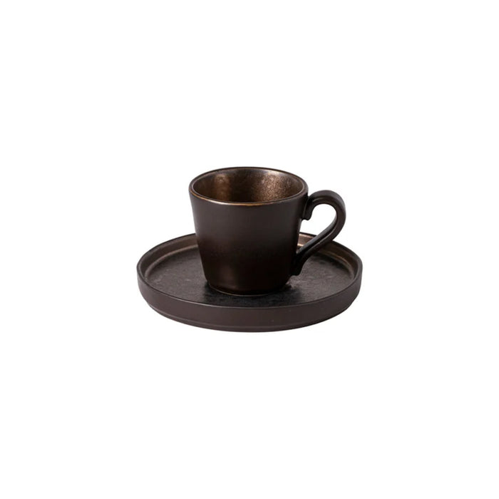 Costa Nova 3 Oz. Lagoa Metal Brown Stoneware Espresso Cup & Saucer Set - 6/Case - LOCS03-MTL