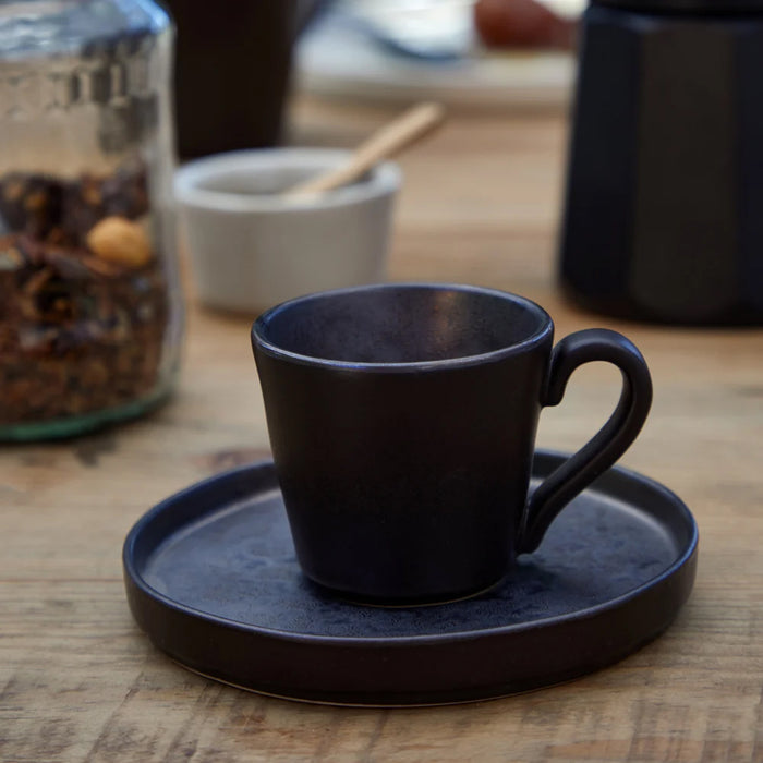 Costa Nova 3 Oz. Lagoa Metal Brown Stoneware Espresso Cup & Saucer Set - 6/Case - LOCS03-MTL