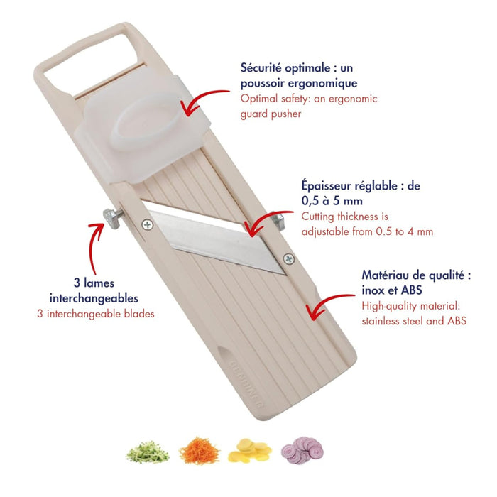 Benriner Classic 13" Small Japanese Mandoline with 3 Blades and Finger Guard - Ivory - BN-1-IV
