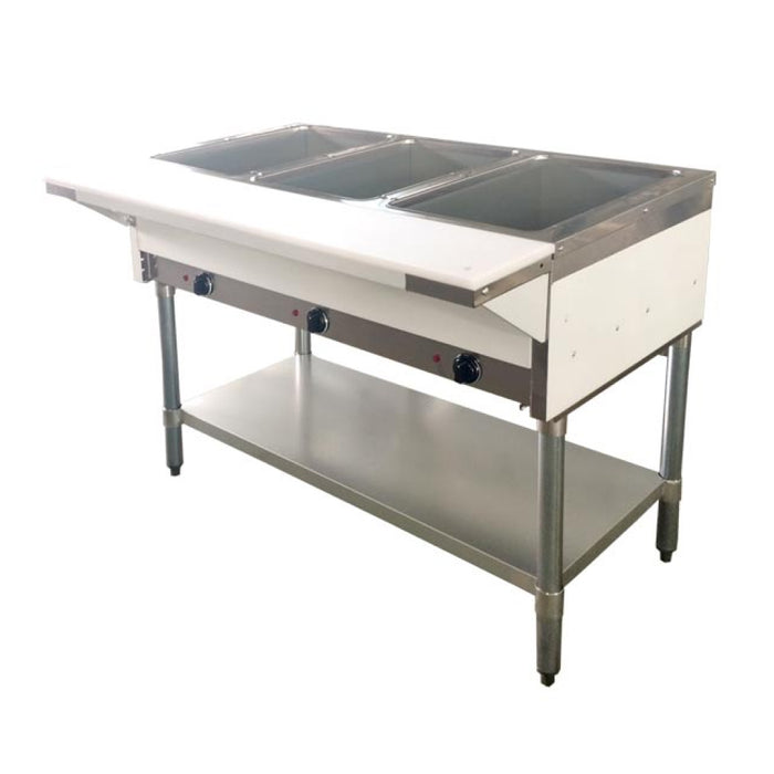 Nella 47343 44" Natural Gas Open Well Steam Table with 3-Pan Tray, Cutting Board, and Undershelf - 10,500 BTU