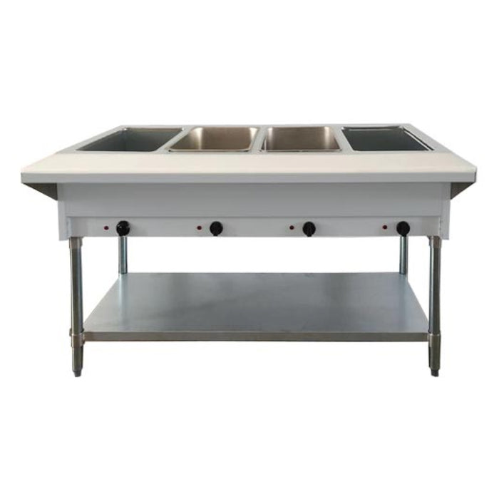 Nella 47344 58" Natural Gas Open Well Steam Table with 4-Pan Tray, Cutting Board, and Undershelf - 14,000 BTU