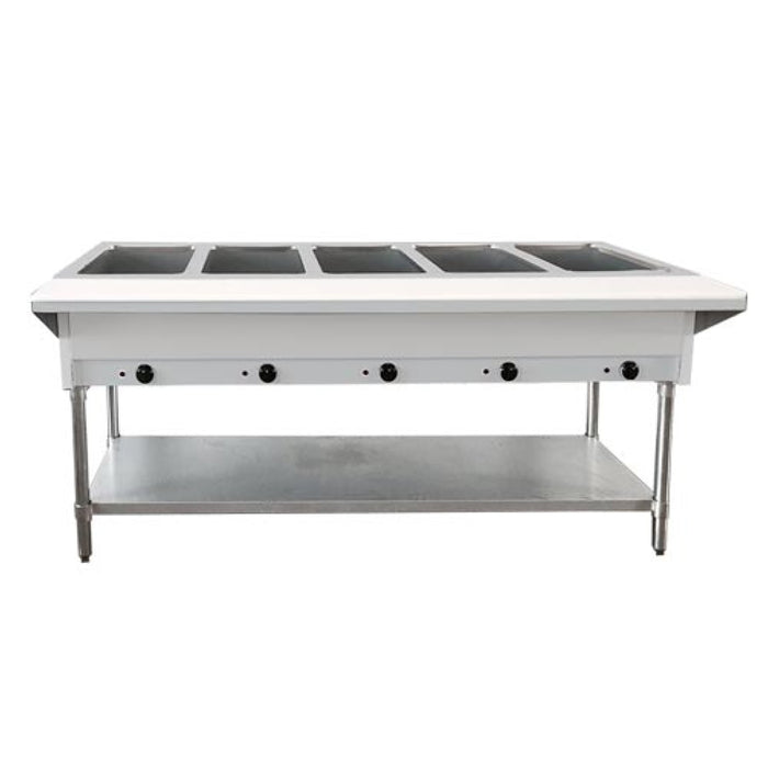 Nella 47345 72" Natural Gas Open Well Steam Table with 5-Pan Tray, Cutting Board, and Undershelf - 17,500 BTU