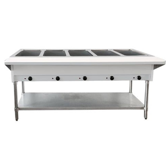 Nella 47365 72" Propane Open Well Steam Table with 5-Pan Tray, Cutting Board, and Undershelf - 17,500 BTU