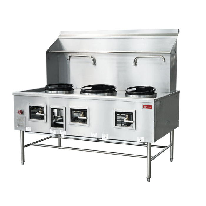 Nella 67" Natural Gas 3-Chamber Wok Range with Two 13" Rings, One 16" Ring, Backsplash, and 2 Faucets - 315,000 BTU - 48409