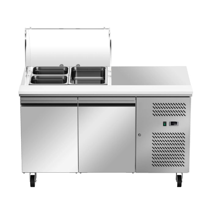 Nella 54" 2-Door Refrigerated Salad Prep Table with Curved Sneeze Guard - 3 Pans